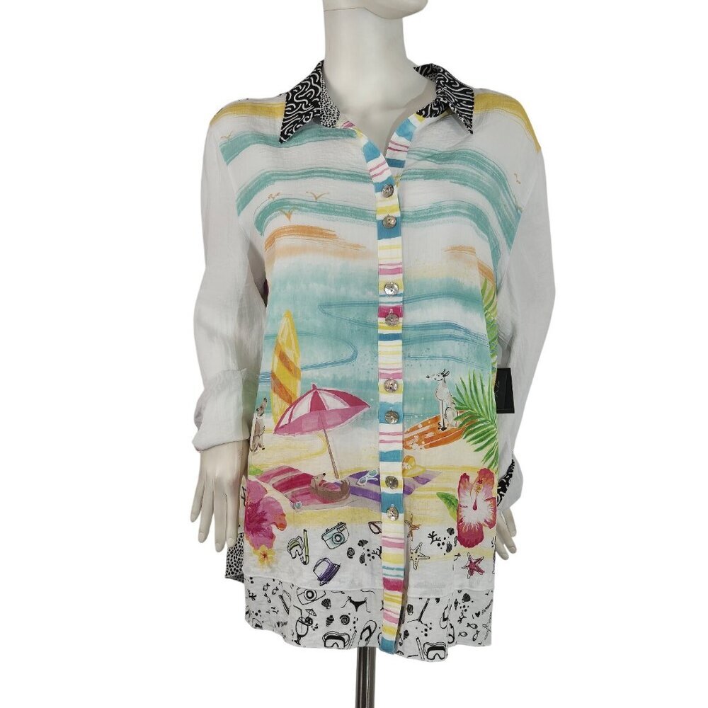 John Mark Women's Shirt Size 2X Beach Scene Roll Tab Sleeve White Tunic Top (51)